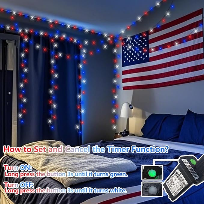 QITONG 500 LED Red White and Blue String Lights, 165ft 4th of July Decorations Lights Plug in Outdoor Indoor, 8 Modes Patriotic Light Green Wire for Independence Memorial Day Decor