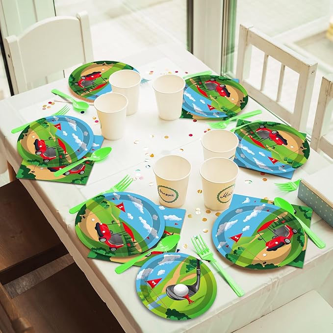 Wiooffen 96 Pcs Golf Plates and Napkins Golf Birthday Party Decorations Golf Party Supplies Golf Paper Plates Tablewares Set Golf Birthday Themed Balloons Sports Party Favors for Kids Serves 24
