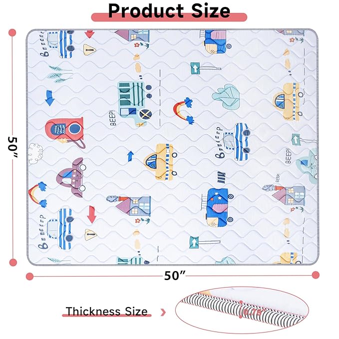 Baby Play Mat, 50’’ x 50’’ Soft Baby Floor Mat Thicker Foam Play Mat for Babies Foldable Baby Playpen Mat Crawling Mat, Non-Slip & Machine Washable, Cushioned Play Mat for Babies (Car Design)
