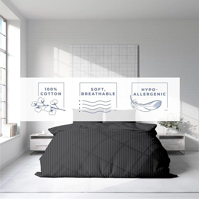 Kotton Culture 120"x98" 3 Pc Oversized King Duvet Cover Set 100% Egyptian Cotton - 600 TC Comforter Cover, Zipper Closure & Corner Ties - Fits Large King Inserts (Oversized King,Striped Dark Grey)