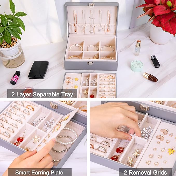 Voova Jewelry Box Organizer for Women Girls, 2 Layer Large Men Storage Case, PU Leather Display Jewellery Holder with Removable Tray for Necklace Earrings Rings Bracelets, Vintage Gift,Grey
