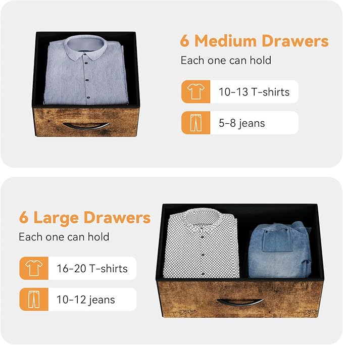 Dresser for Bedroom with 12 Drawers, Tall Dresser Chest of Drawers with 5 Side Pockets and Hooks, Wooden Top Fabric Dresser Storage Tower for Closet, Hallway, Living Room, Rustic Brown