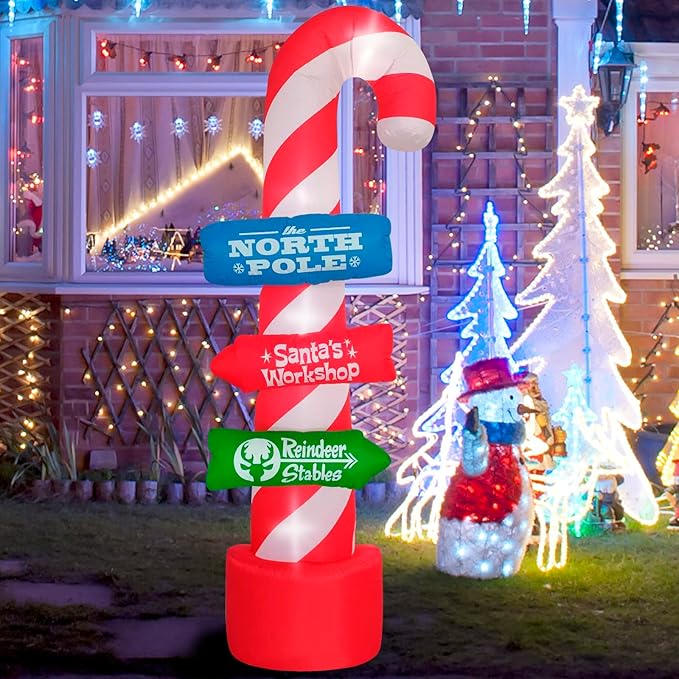 8ft Outdoor Candy Cane Stacking Sign Inflatables with LED Lights - Blow Up Yard, Garden, Lawn Decorations for Christmas Parties