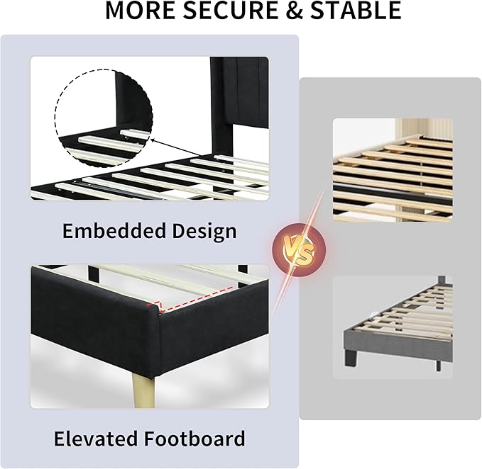 Full Size Upholstered Platform Bed Frame with Modern Wingback & Vertical Panel Headboard, Linen Fabric, Wooden Legs & Slats Support, No Box Spring Needed, Noise-Free & Easy Assembly, Black