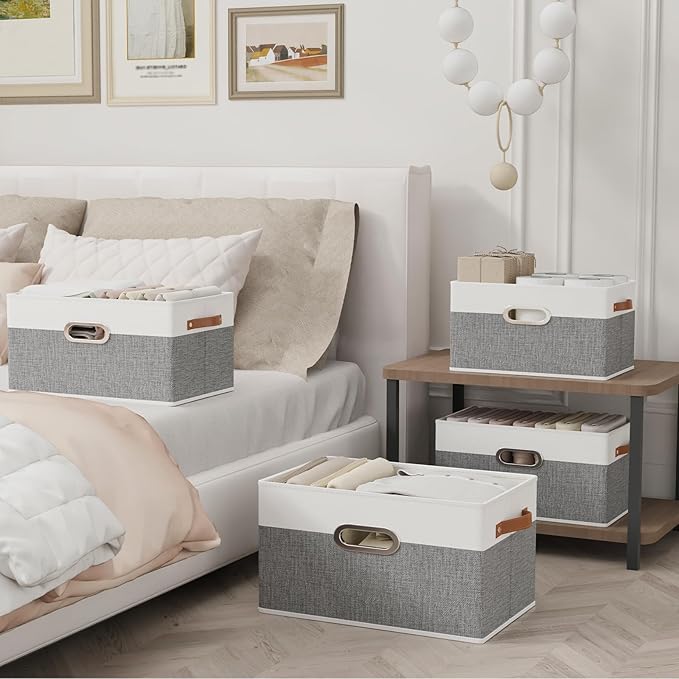 Yawinhe Foldable Storage Baskets for Shelves, Fabric Closet Organizers, Bins with 3 Handles, Cubes for Clothes, White/Grey, 15''Lx9.8''Wx8.3''H, 2-Pack