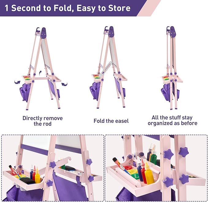 FUNLIO Foldable Anti-Warping Kids Art Easel, All-in-One for Kids Aged 3-8 with Paper Roll, 3 Height Adjustable Toddler Easel, Standing Easel with Magnetic Chalkboard/Whiteboard - Purple Foldable