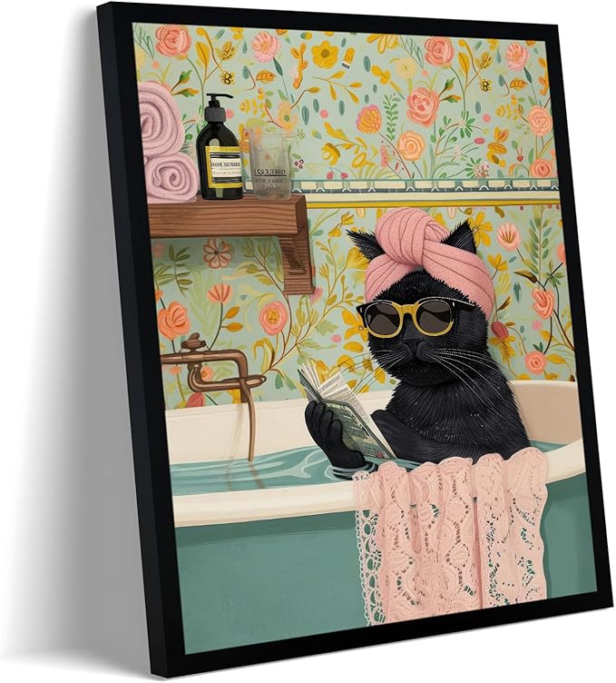 Framed Vintage Cat Canvas Wall Art, Funny Pink Animal Reading Books Painting Picture Print, Cute Kitten Lovers Aesthetic Wall Decor for Nursery Girls Room Bedroom Kids Room 16''L x 12''W