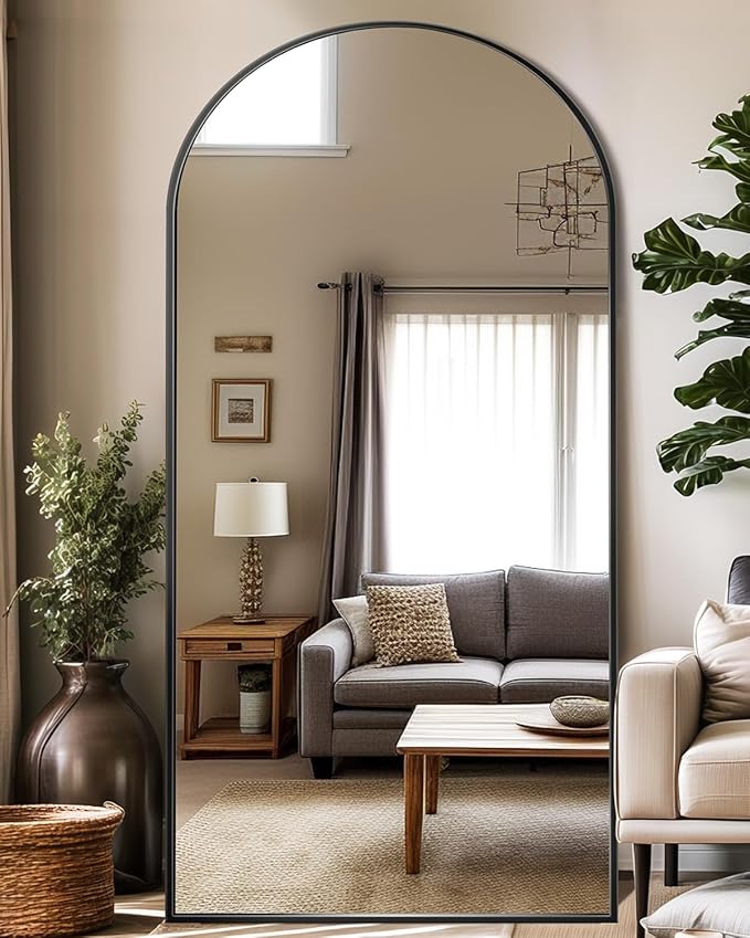 Suidia Full Length Mirror, 76"x34" Floor Standing Mirror Freestanding, Full Body Mirrors with Stand for Bedroom, Hanging Mounted for Living Room Cloakroom, Black, Arched Style