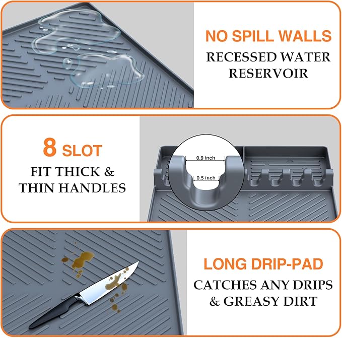 Silicone Griddle Tools Mat for Blackstone, Griddle Accessories Side Shelf Mat Grill Pad for Outdoor Grill Kitchen Counter Spatula Silicone Mat with Drip Pad (Grey (2Packs))