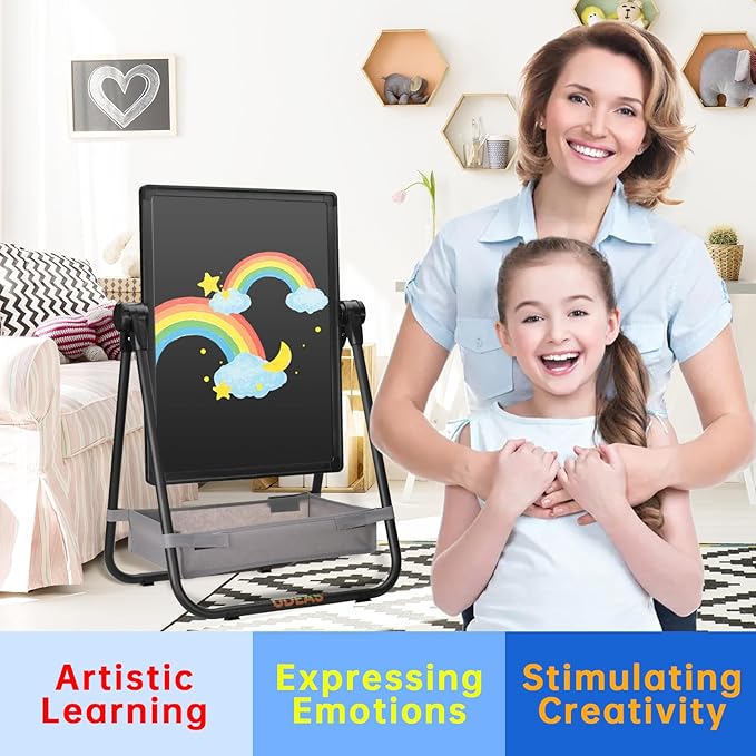 Easel for Kids, Adjustable Standing Toddler Easel Magnetic Whiteboard & Chalkboard with 27inch-44inch Height, Double Sided 360°Rotating Kids Art Easel for Toddlers for Boys and Girls 3+