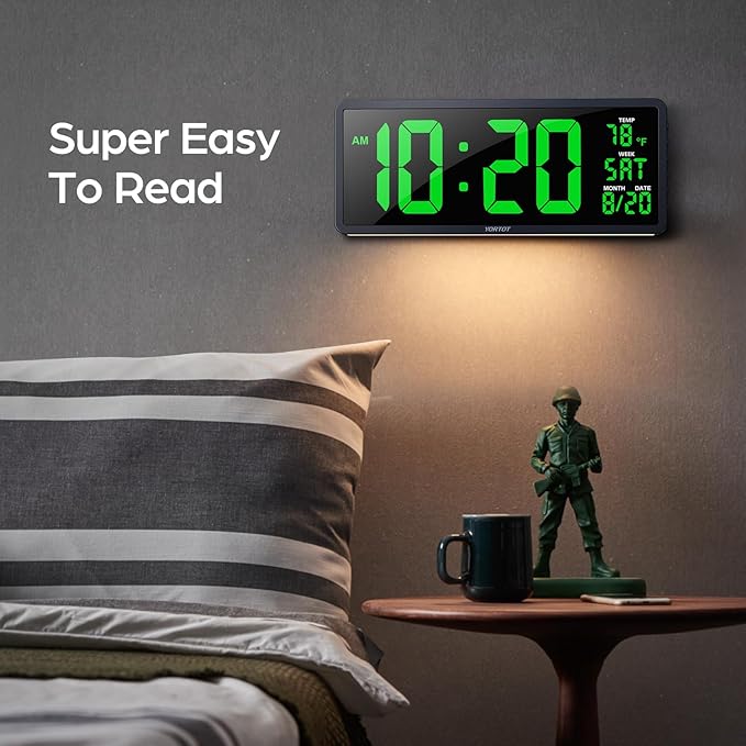 YORTOT 16” Large Digital Wall Clock with Remote Control and 7 Night Lights, 4 Level Dimmer, Super Easy to See, Big LED Clock with Indoor Temperature, Date, Perfect for Home, Office, Gym (Green)