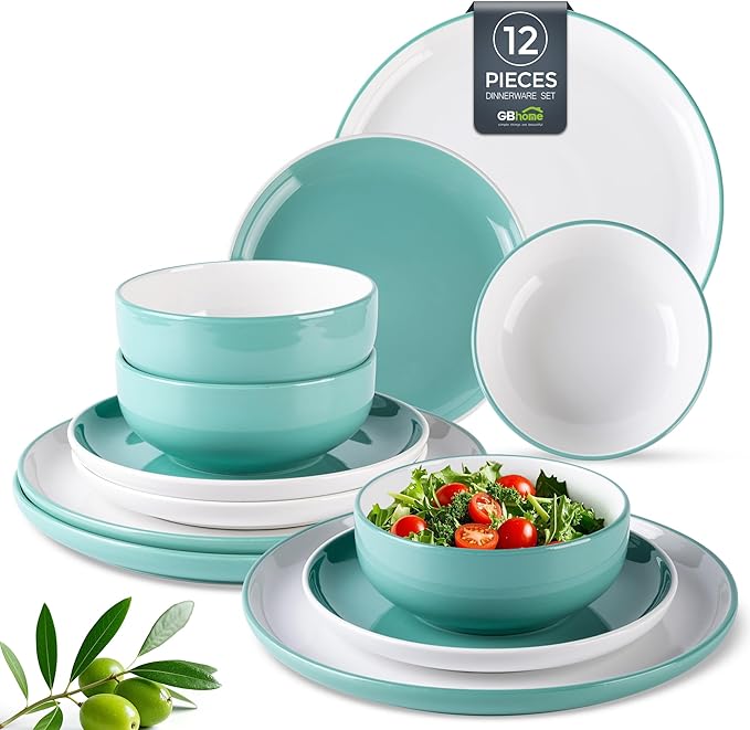 GBHOME 12 Pieces Ceramic Dinnerware Set, Modern White Dish Set for 4，Scratch Resistant Smooth Plates and Bowls Sets，Oven Safe，Microwave & Dishwasher