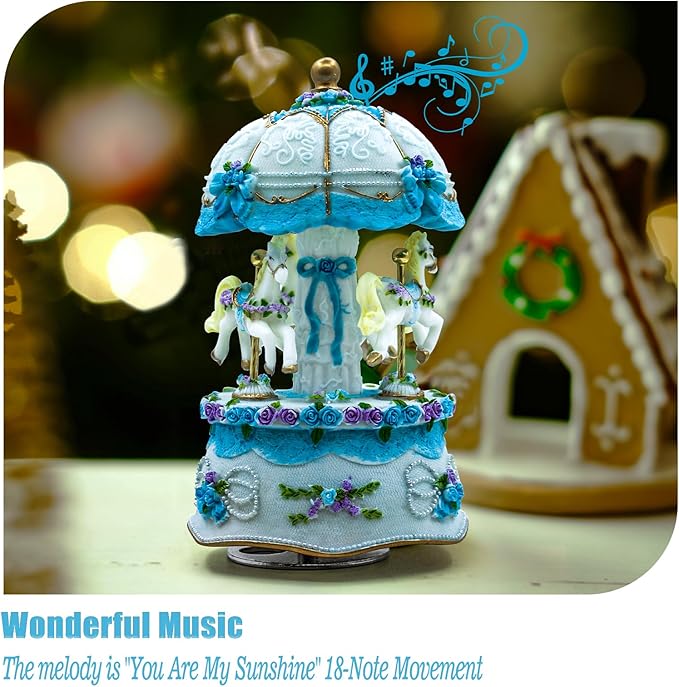 Carousel Music Box，Luxury Color Change LED Light Music Box,Luminous Rotating 3-Horse Musical Box with Gift Box for Girls Birthday Valentine Gift (You are My Sunshine, Blue)