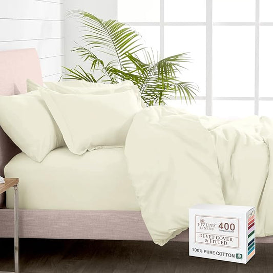 Pizuna 100% Cotton King 3 Pc Duvet Cover + 1 Pc Fitted Sheet Set 400 Thread Count Off White Sateen Weave Luxurious Long Staple Cotton 4 Piece Bedding Set -1 Duvet Cover, 2 Pillow Shams, 1 Fitted Sheet