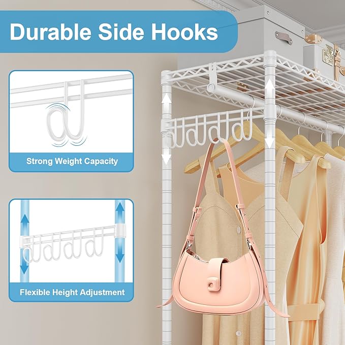 VIPEK R2 Heavy Duty Rolling Garment Rack 3 Tiers Adjustable Clothes Racks with Double Rods & Hooks, Freestanding Wardrobe Closet Storage Rack Metal Clothing Racks for Hanging Clothes, White