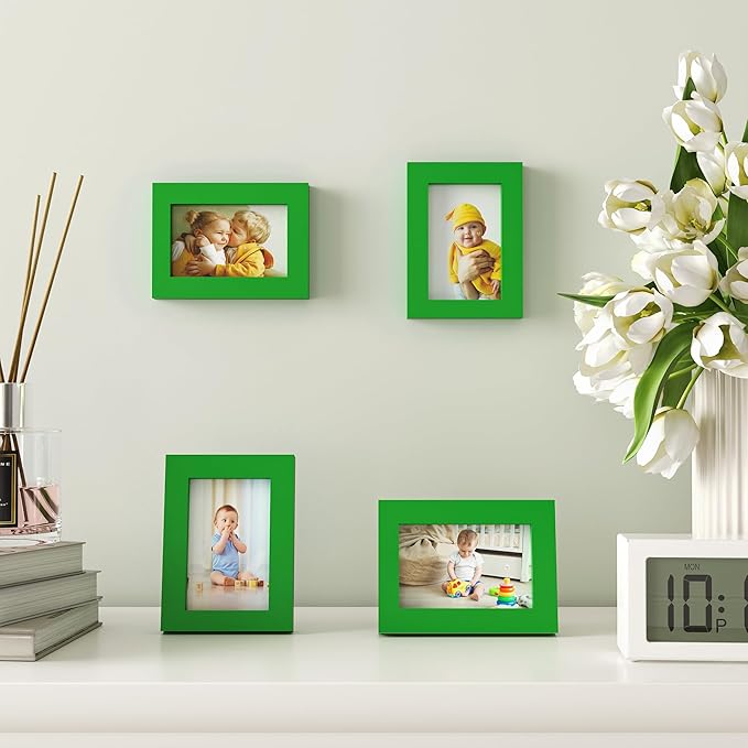 KINLINK 3.5x5 Picture Frame Grass Green, Solid Wood Frames with Plexiglass for Table Top and Wall Mounting, Photo Frames for Horizontal or Vertical Display, 4 Pack