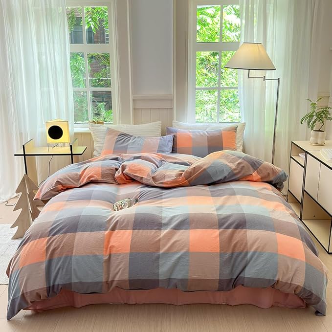 FACE TWO FACE Bedding Duvet Cover Set100% Washed Cotton Duvet Cover Linen Like Textured Breathable Durable Soft Comfy (California King, Cookie Powder Grid)