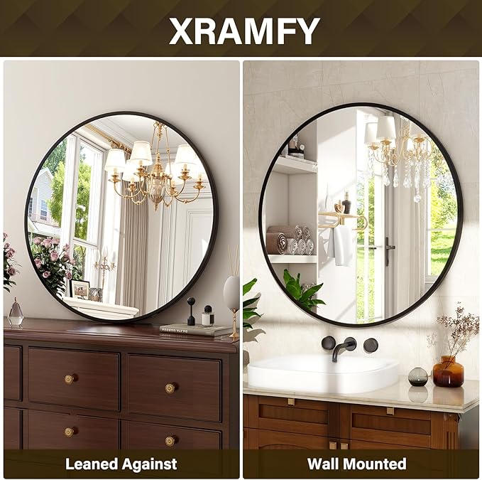 18-Inch Round Wall Mirror with Aluminum Alloy Metal Frame - Ideal for Entryway, Bathroom, Vanity, Living Room - Black Finish Circle Mirror for Stylish Home Decor