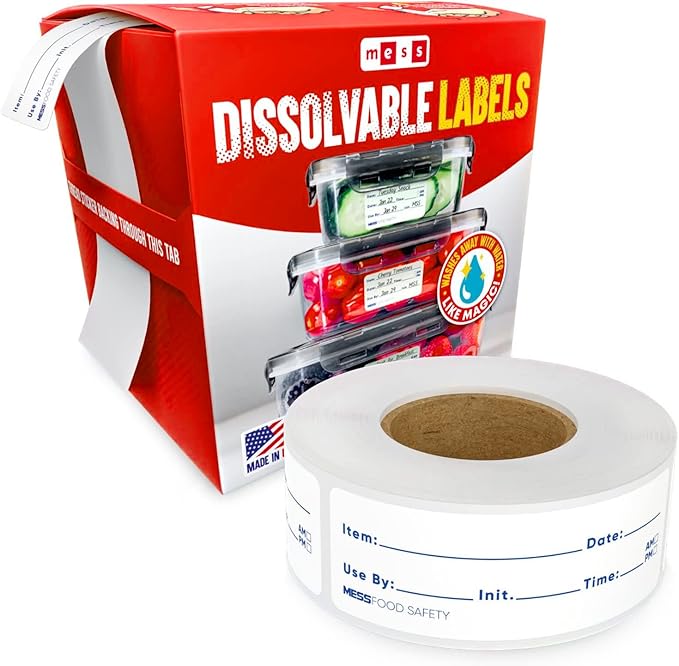 MESS Dissolvable Food Labels, Fill-in, 1x3 200/Roll - Dissolves in 30 Seconds or Less - Removable Pantry, Meal Prep & Food Storage Labels – Canning & Freezer Use