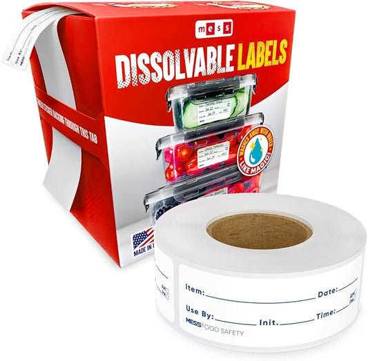 MESS Dissolvable Food Labels, Fill-in, 1x3 200/Roll - Dissolves in 30 Seconds or Less - Removable Pantry, Meal Prep & Food Storage Labels – Canning & Freezer Use