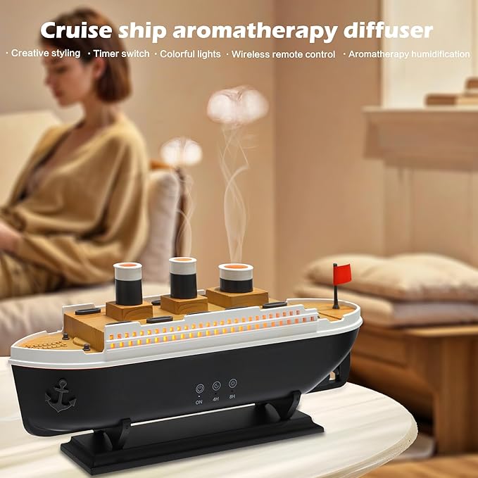 Cruise Ship Aromatherapy Diffuser with Remote Control, 250ml Essential Oil Diffuser, Cool Mist Humidifier, Jellyfish Mist Effect, LED Mood Lights, Decorative Aroma Diffuser for Home, Bedroom & Office