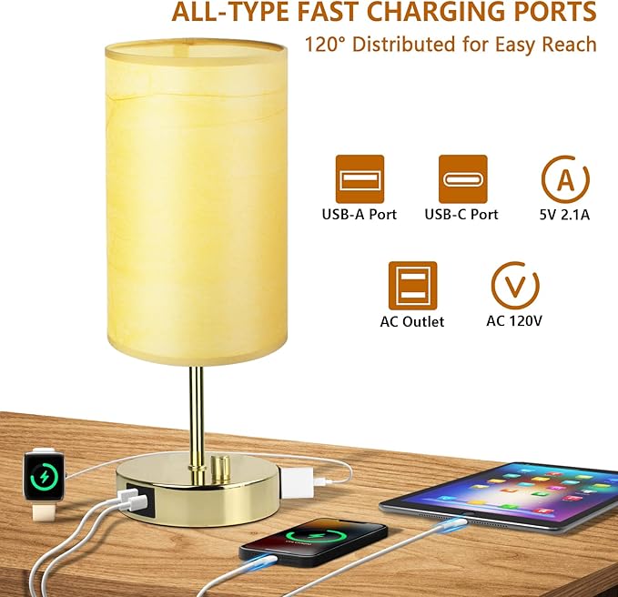 HiBay 17.75" H Dimmable LED Bedside Table Lamp with USB Charging Ports & AC Outlet, Modern Gold Nightstand Light for Bedroom, Office, Living Room, Kids Room, Round Fabric Shade, E26 Bulb Included