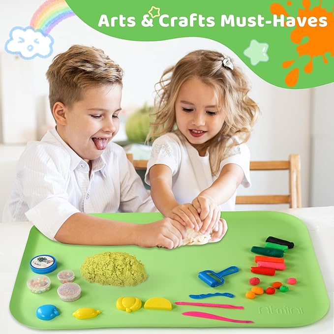 Silicone Craft Mats for Kids 24"x16"– with Raised Lip & Non-Slip | Reusable Silicone Art Mat for Play Sand, Painting, DIY Crafts | Durable Design (Green)