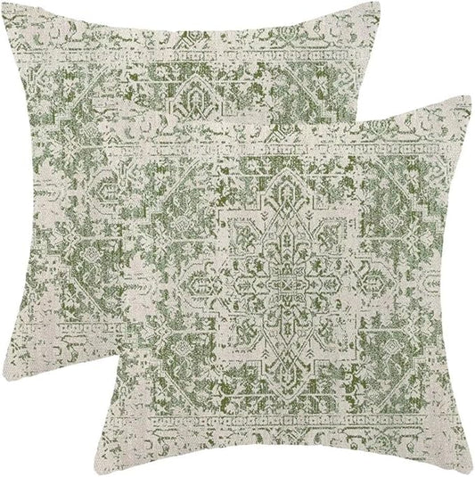 BETGINY Sage Green Ethnic Boho Throw Pillow Covers 18 x 18 Inch Pack of 2, Bohemian Carpet Pattern Decorative Pillow Cases Vintage Outdoor Linen Farmhouse Cushion Case for Bedroom Home Sofa Decor