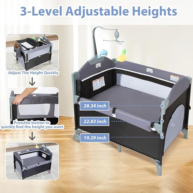 5-in-1 Baby Bassinet Bedside Crib, Pack and Play Long Next to Parents Bed Crib with Toys & Music Box, Mattress, Foldable Playard, Playpen Travel Bed Nursery Center for Girl Boy Infant Newborn