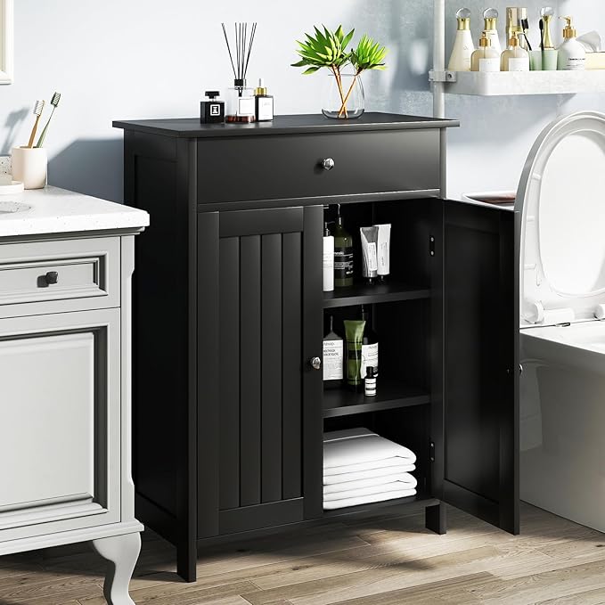Giantex Storage Cabinet, Freestanding Bathroom Cabinet with 2 Doors, 1 Drawer, 3-Level Adjustable Shelf, Modern Wooden Storage Organizer for Laundry Room, Entryway, Living Room (Black)