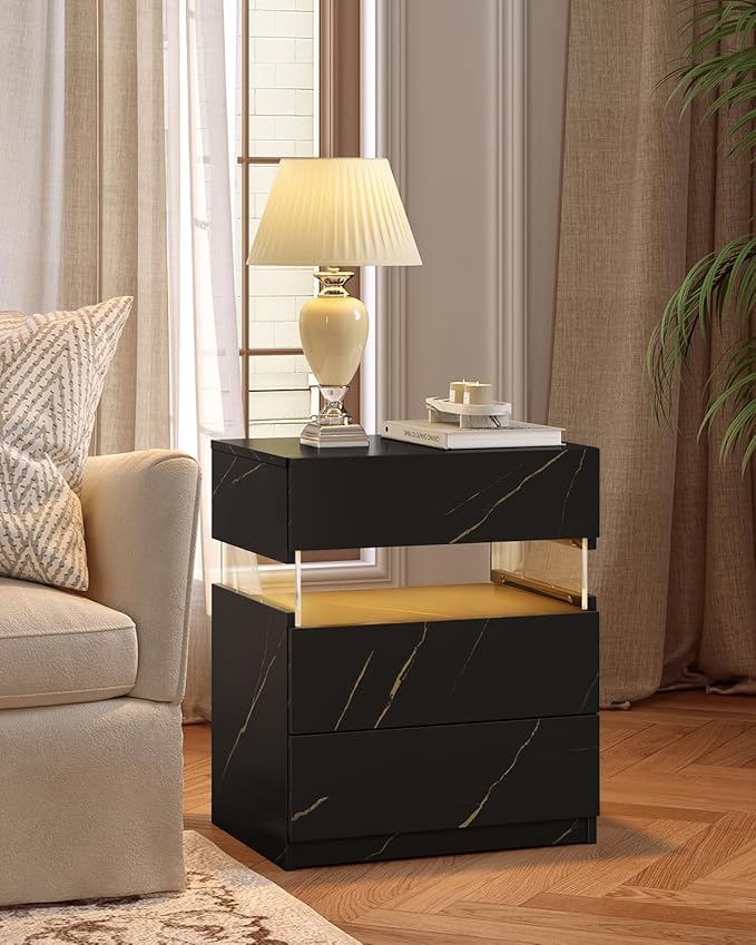 Bingoday LED Nightstands Set of 2 with 3 Drawers LED Bedside Tables Modern Night Stand with Acrylic Board Night Stand Set 2 for Bedroom