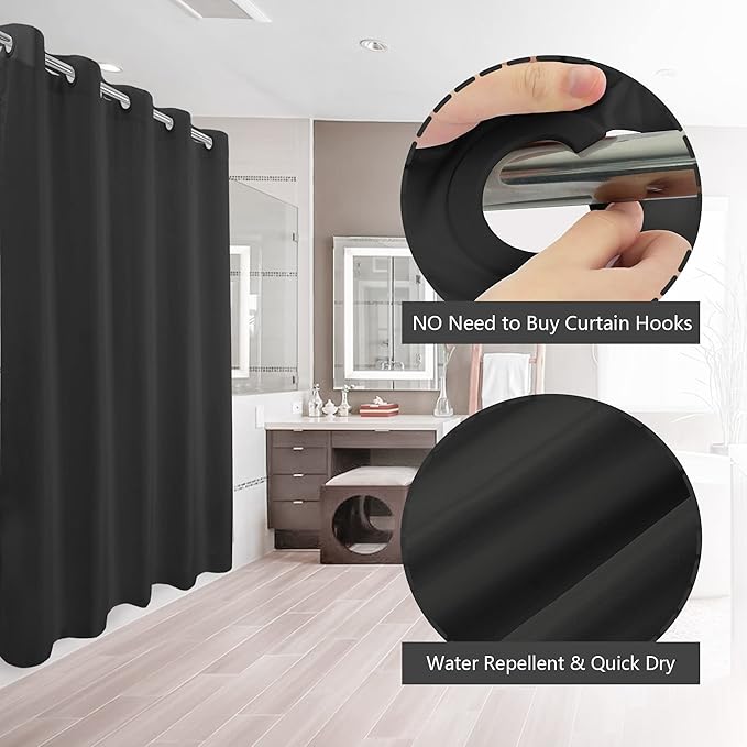 Extra Long No Hook Black Shower Curtain or Liner Soft Microfiber - 84" Length Fabric Shower Curtain Liner Set, Machine Washable & Water Repellent, Black, 71x86