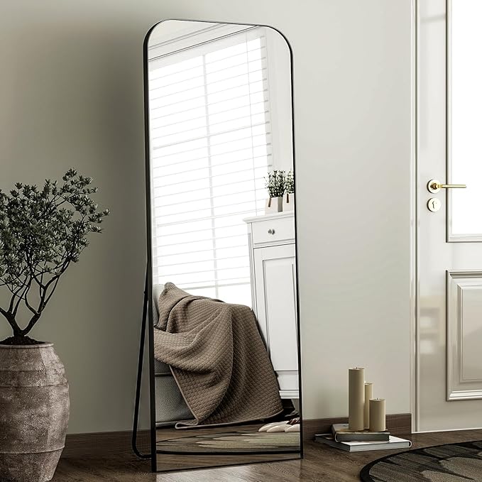 HARRITPURE 57"x20" Full Length Mirror Full Body Mirror Top Rounded Corner Aluminum Frame Hanging or Leaning Wall Floor Mirror with Stand for Living Room Bedroom Cloakroom,Black