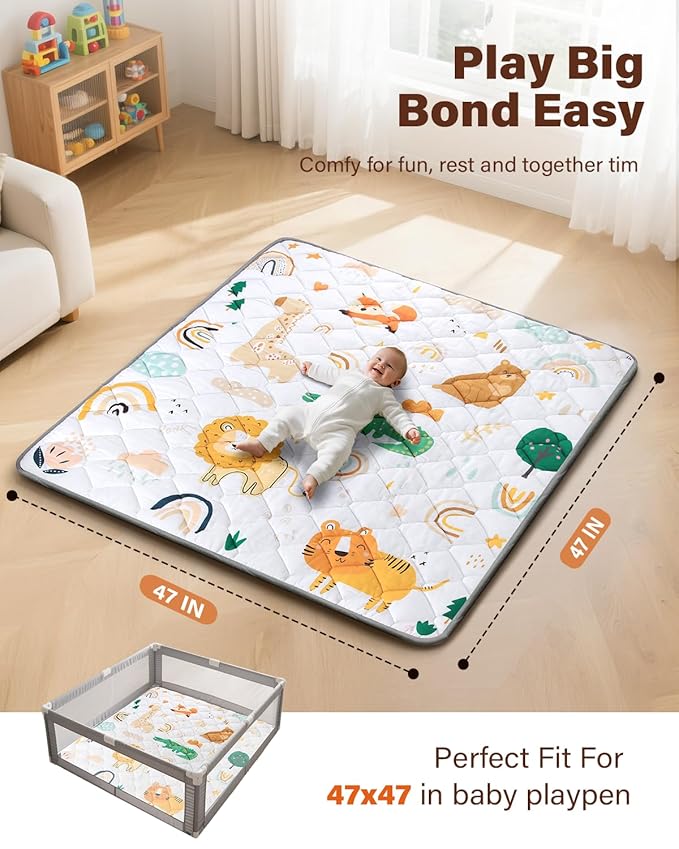 Baby Play Mat, 47x47 Playpen Mat, Thicken Cushioning Padding Foam Playmate for Baby and Toddlers Infants, Non-Slip & Machine Washable Tummy Time Mat