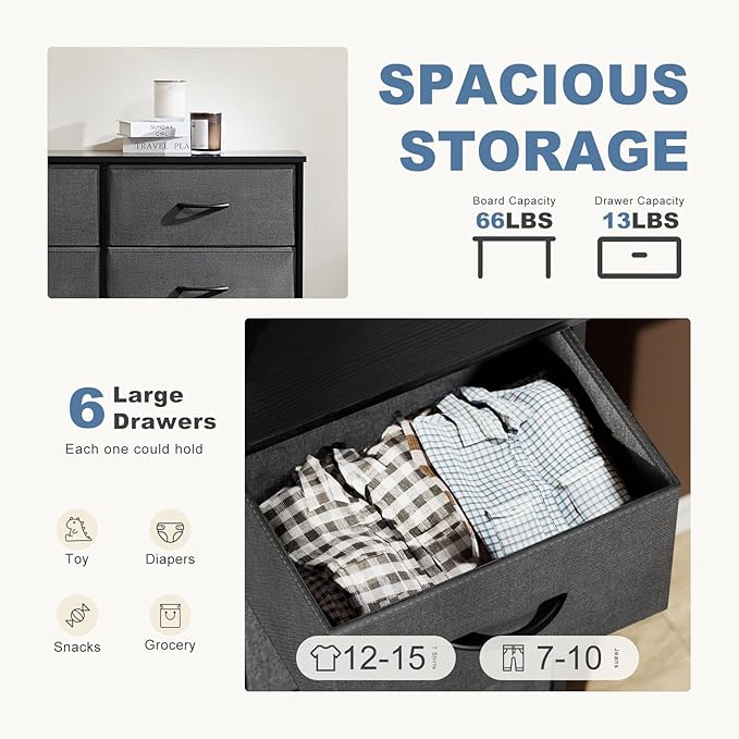 DUMOS TV Stand for Living Room, Dresser for Bedroom Chest of Dresser with 6 Fabric Drawers Storage Organizers Units, Nightstand for Bed