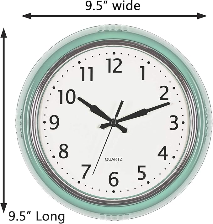 Bernhard Products Retro Wall Clock 12 Inch Seafoam Green Kitchen 50's Vintage Design Round Silent Non Ticking Battery Operated Quality Quartz Clocks for Home Office School Kids Bedroom Living Room