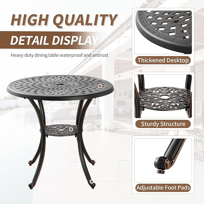 Cast Aluminum Patio Dining Set, Outdoor Bistro Set, 31.5" Round Outdoor Dining Table with Umbrella Hole, 2 Patio Chairs for Yard Porch Garden Balcony