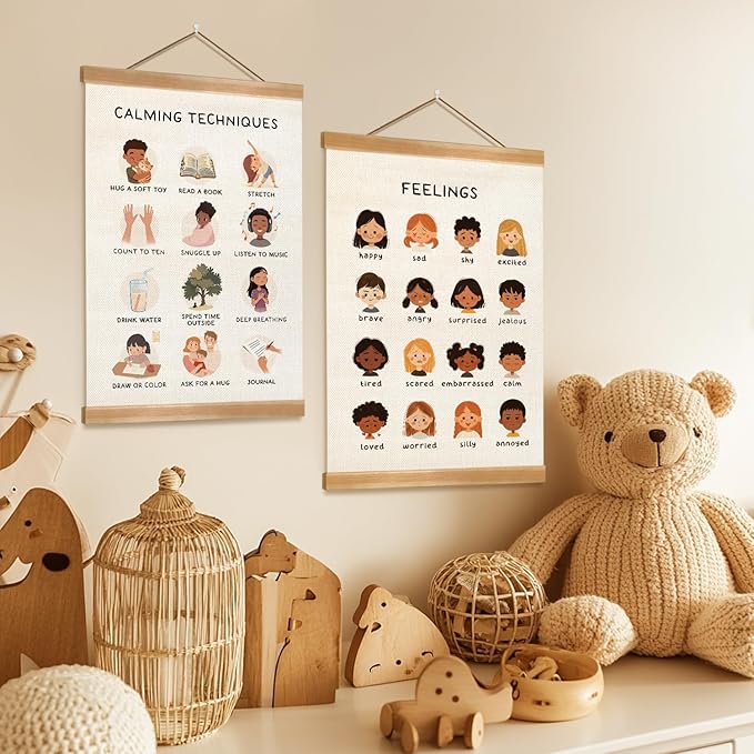 Feelings Chart & Emotional Learning Poster, Hanging Linen Canvas Wall Art with Solid Wood Frame, Montessori Social Skills Poster for Kids, Home & Classroom Decor – 2Piece Set 12x16 Inches (Feelings)
