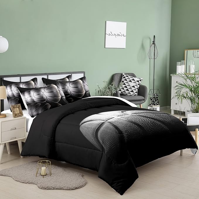 Tailor Shop Black Basketball Comforter Set King Size for Boys Kids Teens ，Ultra Soft Microfiber Sports Theme Basketball Bedding Sets with 1 Comforter and 2 Pillowcases……