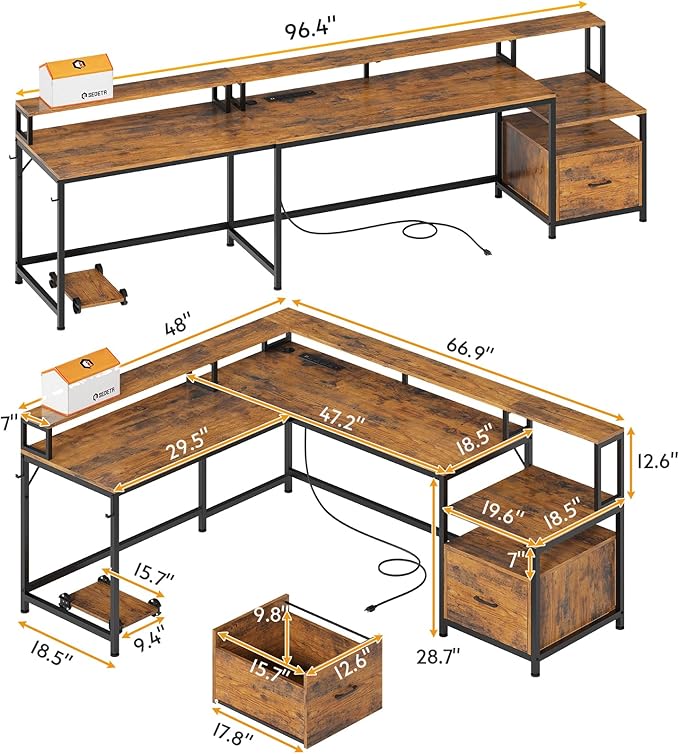 SEDETA L Shaped Office Desk, 66" Corner L Shaped Computer Desk with File Drawer & Power Outlet for Home Office, Gaming Table with Led Lights, Monitor Shelf, Printer Storage Shelves, Rustic Brown