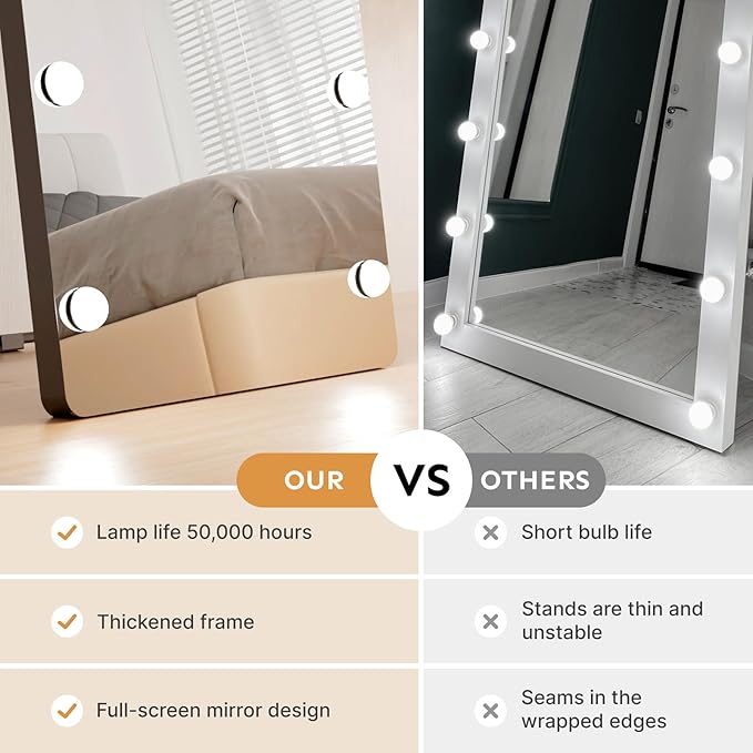 56x18 Hollywood Full Length Mirror with Light, 17 Dimmable Bulbs & 3 Color Smart Touch Control, Distortion Free, Tempered Glass & Shatter Proof Film, Safe Full Body Mirrors with Stand