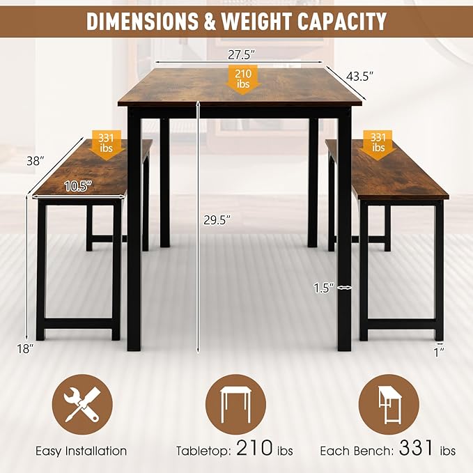 NAFORT Dining Table Set for 4, 3-Piece Kitchen Table with 2 Benches, 43.5’’ Space Saving Dining Room Table with Reinforced Metal Frame & Solid Wood Top, Ideal for Home, Restaurant, Patio Outdoor
