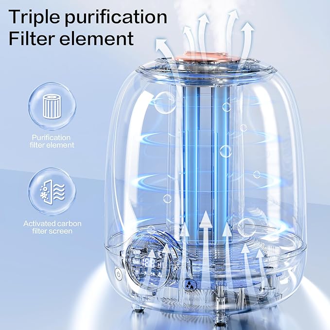Humidifiers for Bedroom, 3L Tank for 30H 20dB Quiet Mist Time, Dual Nozzles, LED Lights, Smart Timer (2/4/8 Hours), Auto Shut-Off, Perfect for Baby and Large Rooms, (White)