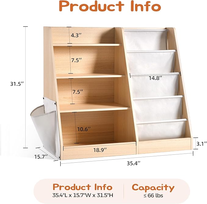 4 Tier Kids Wooden Bookshelf with Extra Pocket, Baby Toddler Bookshelf and Toy Storage Organizer with Four Layer Sling Bookcase for Kids Room Playroom Nursery Classroom