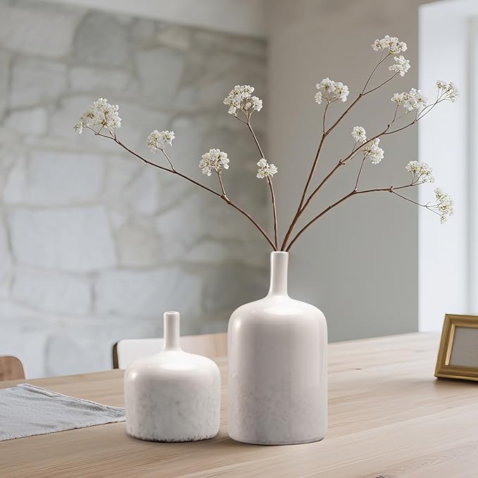 White Ceramic Vase Home Decorations - Modern Vase with Long Neck, Reactive Glazee White Vases for Flower, Flower Arrangement Spring Decorations for Home 4.5 x 4.5 x 9.5 Inch Cynkeyee