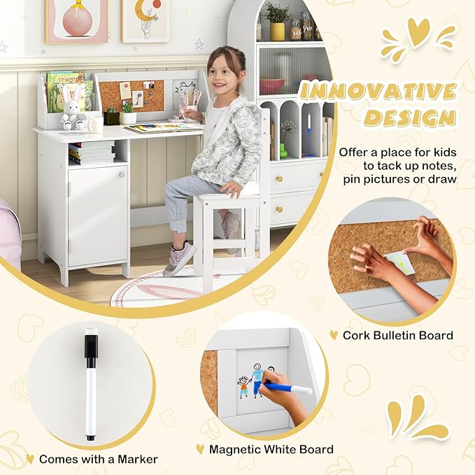 Costzon Kids Desk and Chair Set, Wooden Children Study Table with Storage, Hutch, Cork Bulletin Board, Whiteboard & Marker, Student Computer Workstation Writing Desk for Kids Bedroom, School, White