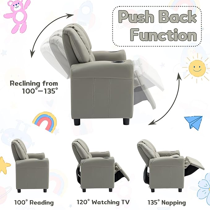 AVAWING Double Toddler Recliner Chair, Kids Couch with Cup Holders, Faux Leather Kids Recliner, Loveseat Sofa w/Adjustable Footrest & Headrest for Boys and Girls Age 1-4, Grey