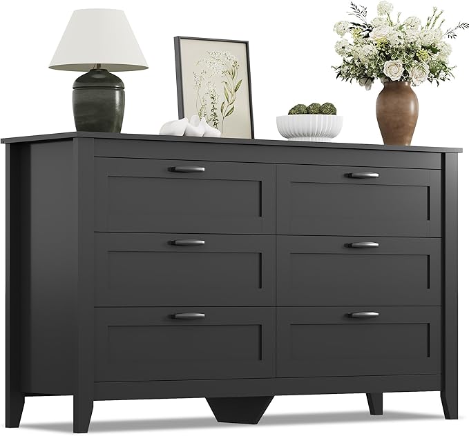 WLIVE Black Dresser for Bedroom, 6 Drawer Wood Dresser with Metal Handle, Large Double Wooden Chest of Drawers for Living Room, Hallway, Closet