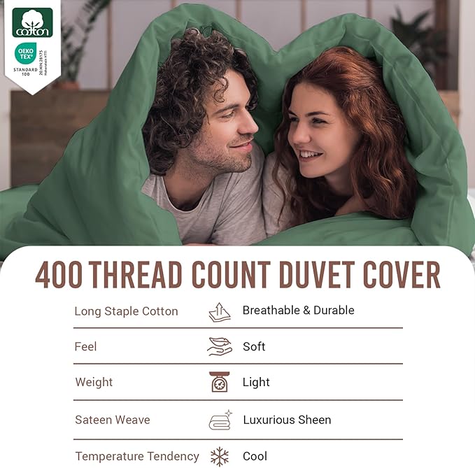 Pizuna Pure 100% Cotton Full Duvet Cover Set, Luxurious 400 Thread Count Long Staple Cotton Sateen Weave with Button Closure (Combed Hedge Green Cotton Duvet Cover Full)