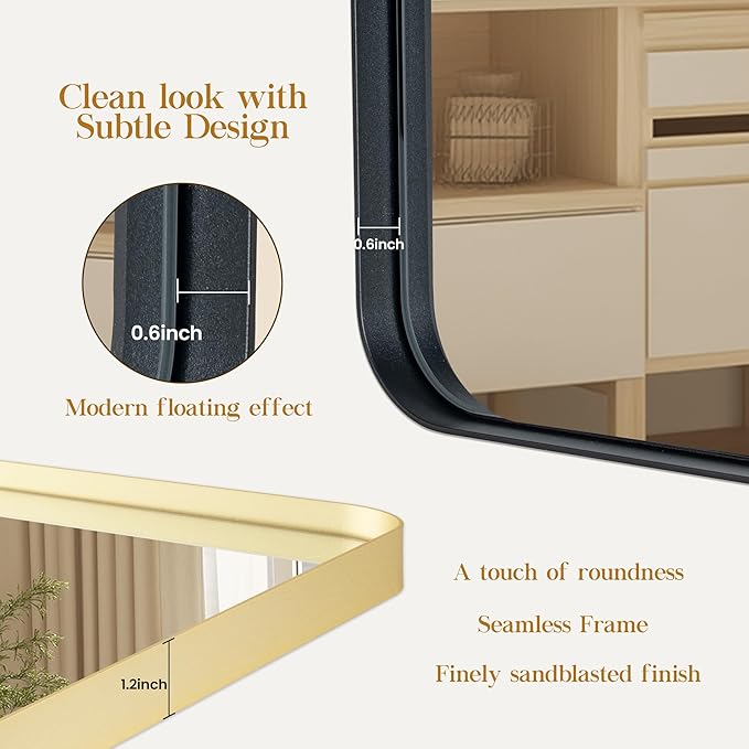 Fun Memories Wall Mirror for Bathroom,32x36 Inch Glod Bathroom Mirror, Rectangular Wall Mounted Decorativ, Rounded Corner, Aluminum Alloy Frame, Farmhouse, Hangs Horizontal or Vertical